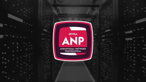 AVIXA ANP logo with "Audiovisual Network Professional" text on a red badge, overlaid on a dimly lit server room background.