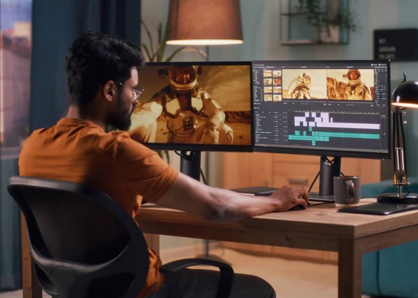 Man video editing at desk