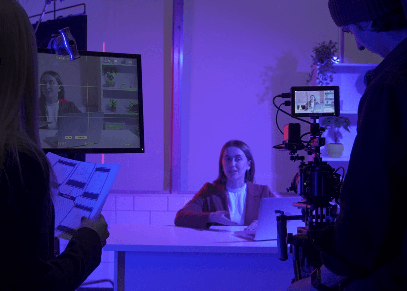 Crew with female producer recording female presenter in blue studio