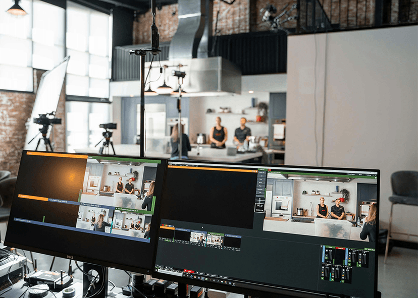 Images of Women and Man on Screens in Photo Studio